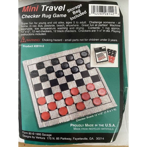 Checkers Board Game with Rug Board 12" x 12½”  12 Black 12 Red Checkers Vintage - Picture 8 of 16